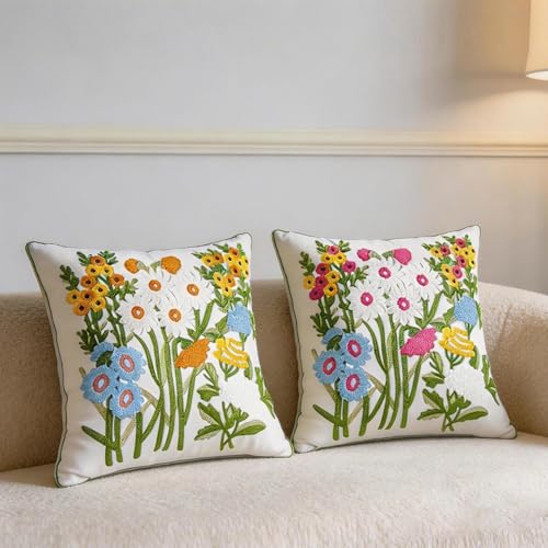 Embroidered Cotton Spring Summer Pillow Covers -18x18 Decorative Cute Countryside Style Comfortable Sofa Pillow Covers, Suitable for Living Room Sofa Bed, Flower and Plant Style (Blossoms) - color: Blossoms