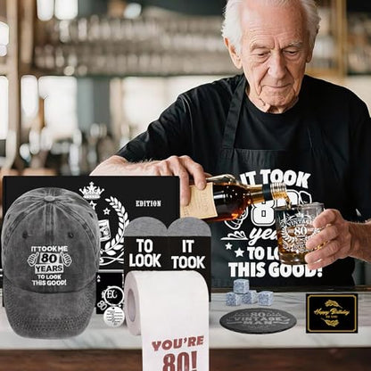 80th Birthday Gifts for Men Whiskey Glass Set, 80th Birthday Party Supplies with 11 Oz Whiskey Glass Coaster Stone Baseball Cap Apron Sock Toilet Paper Keychain for Him, Dad, Husband, Friends - style: 80th Birthday