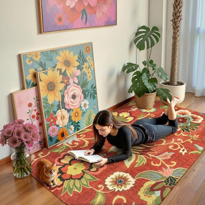 Lahome Floral Red 3x5 Area Rug, Washable Kitchen Fall Rugs Non-Slip ‎Stain Resistant Soft Throw Low-Pile Carpet for Bedroom, Christmas Paisley Print Floor Carpet for Living Room Entryway Office | Fall Rug Non-Slip Stain Resistant Throw Low-Pile Carpet for