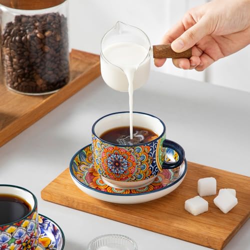 vancasso 8 Oz Espresso Cup Set of 4, Bohemian Ceramic with Stand | Microwave and Dishwasher Safe, Easy Clean, For Cappuccino, Tea, Latte, Espresso, Stackable Design with Handle - size: 8 Oz