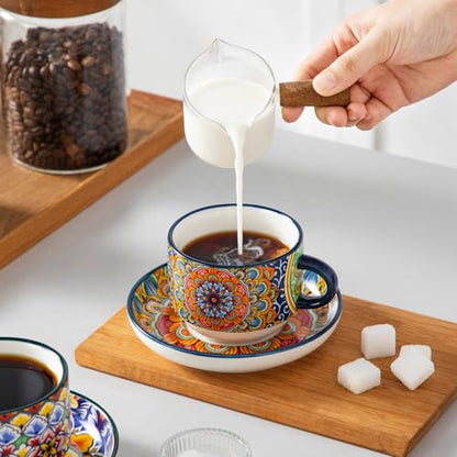 vancasso 8 Oz Espresso Cup Set of 4, Bohemian Ceramic with Stand | Microwave and Dishwasher Safe, Easy Clean, For Cappuccino, Tea, Latte, Espresso, Stackable Design with Handle - size: 8 Oz