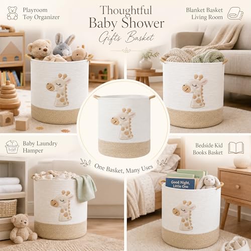 Large Blanket Basket for Living Room Storage,Toy Baskets Storage for Kids Stuffed Animal Storaged, Big Cute Cotton Rope Woven Laundry Basket with Handle for Nursery Baby Shower Gifts