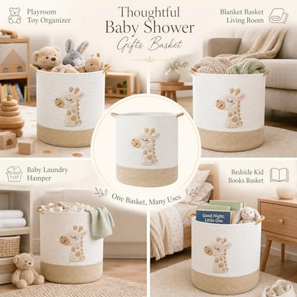 Large Blanket Basket for Living Room Storage,Toy Baskets Storage for Kids Stuffed Animal Storaged, Big Cute Cotton Rope Woven Laundry Basket with Handle for Nursery Baby Shower Gifts