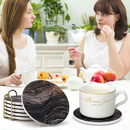 6 Pcs Black Ceramic Stone Modern Coasters with Holder Best Absorbent Drink Coasters Round Ceramic Table Coasters Set Best Coffee Table Ceramic Coaster Set - color: Black Marble