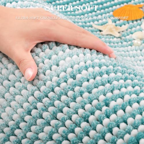Bathroom Rugs Sets 3 Piece, Toilet Rugs U-Shaped Contour Bath Mat Set, Striped Absorbent Non Slip Chenille Shower Mat, Aqua Green - color: Aqua Green, size: 20"x32"+16"x24"+U Shape 20"x24"