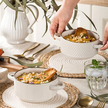 Ceramic Soup Bowls Set - 27 Oz French Onion Soup Crocks with Handles | Embossed Stoneware Bowls for Soup Cereal Beef Stew Chili - Microwave Dishwasher Oven Safe - Set of 4 - color: White