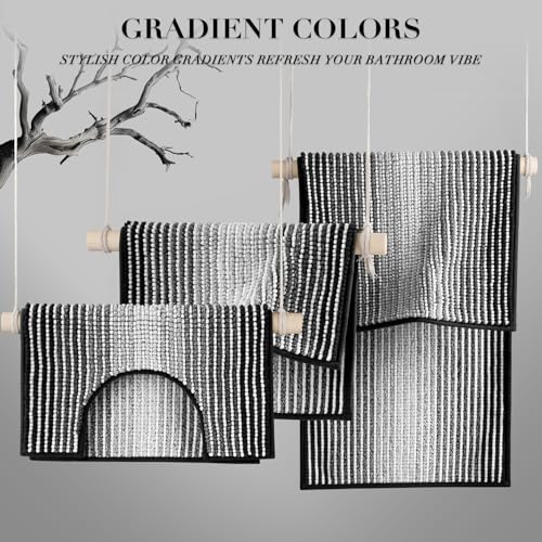 Bathroom Rugs Sets 3 Piece, Toilet Rugs U-Shaped Contour Bath Mat Set, Striped Absorbent Non Slip Chenille Shower Mat, Black - color: Black, size: 20"x32"+16"x24"+U Shape 20"x24"
