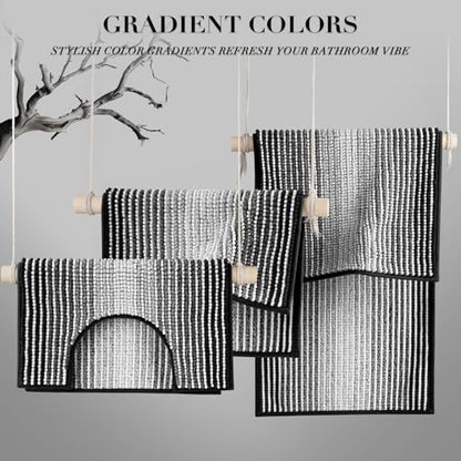 Bathroom Rugs Sets 3 Piece, Toilet Rugs U-Shaped Contour Bath Mat Set, Striped Absorbent Non Slip Chenille Shower Mat, Black - color: Black, size: 20"x32"+16"x24"+U Shape 20"x24"