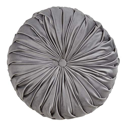 SARO LIFESTYLE Round Velvet Pintucked Poly Filled Throw Pillow - color: Grey, size: 1 Count (Pack of 1)