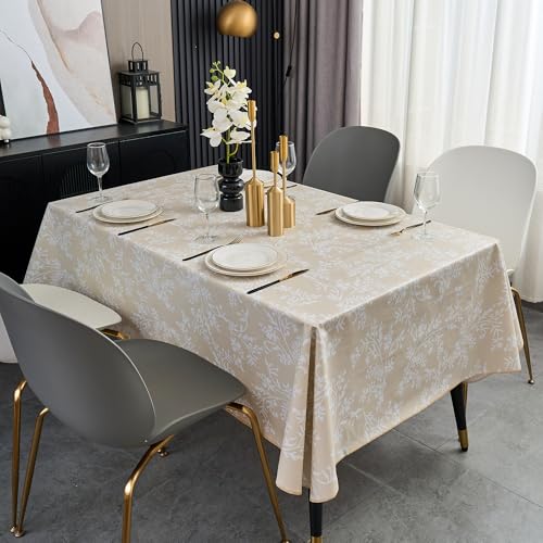 Pioggia Vinyl Tablecloth with Flannel Backing - Waterproof, Oil-Proof, Easy to Clean -Plastic Table Cloth - Perfect for Dining Tables, Kitchen Tables, Parties (Beige Leaves, 60×84 Inch Rectangular) - color: Beige Leaves, size: 84" x 60" (Rectangular)