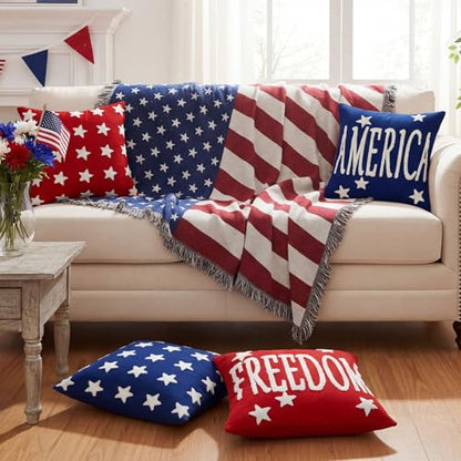 Fourluoo 4 Pcs 4th of July Pillow Covers 18x18 Patriotic America | Soft Plush Faux Fur Cushion Cases, Red White Blue Patriotic Decor, America Freedom Jacquard Weave for Sofa Couch - style: Patriotic