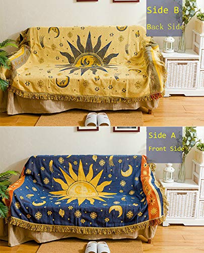 Erke Sun Blanket Hippy Celestial Couch Sheet Cover Wicca Home Decor 70"x90" | Sun Moon Witchy Hippie Decoration, Double Sided Cotton Woven 90s’ Throws Blankets for Couch Bed - size: 70" x 90"