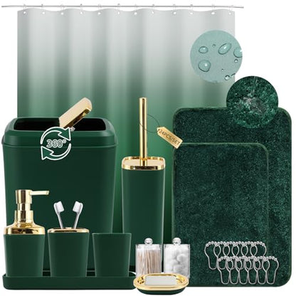 XLHOMO Bathroom Set - Dark Green Bathroom Sets with Shower Curtain and Rugs, 24PCS Shower Curtain Set with Hooks, Soap Dispenser, Soap Dish, Toilet Brush Holder and Trash Can for Housewarming - color: Dark Green and Gold, size: Bathroom Set+Shower Curtain