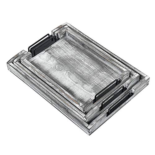 Country Rustic Torched Wood Nesting Breakfast Serving Trays with Handles, Set of 3 (White Grayish) - color: White Grayish