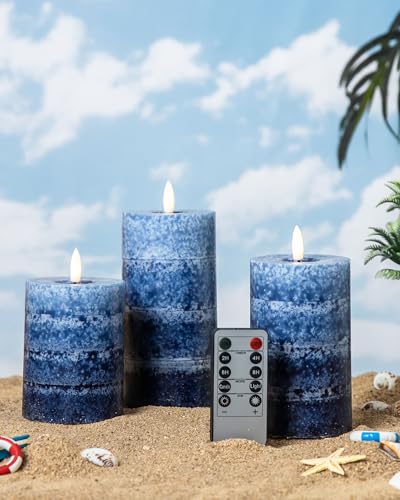 Stmarry Gradient Navy Blue Flameless Candles with Remote and Timer, Real Wax Made LED Pillar Candles Battery Operated with 3D Flickering Flame, 3" x 4",5",6", Navy Blue Decor, Set of 3 - color: Gradient Navy Blue