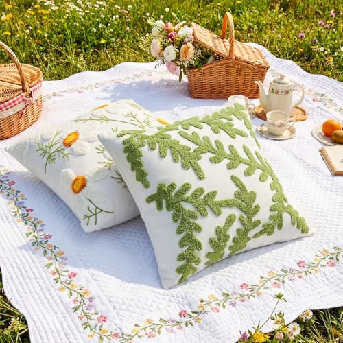 Fourluoo 4 Pcs Daisy Embroidered Throw Pillow Covers 18x18 Daisy Decorative Pillow Cover with Zipper Spring Floral Tufted Cushion Pillowcase for Bed Couch Sofa Living Room - style: Daisy