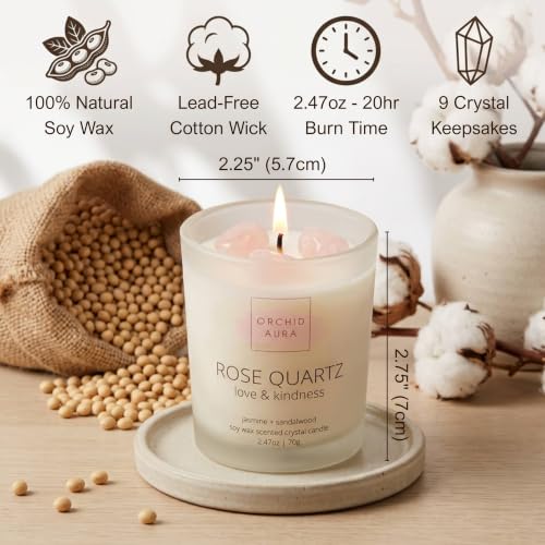 Soy Candles with Healing Crystals. Citrine, Rose Quartz, Amethyst Crystal. | Eucalyptus + Lemongrass, Jasmine + Sandalwood, Clary Sage + Lavender. 3PC Scented Crystal Candle Set, 2.47oz Each