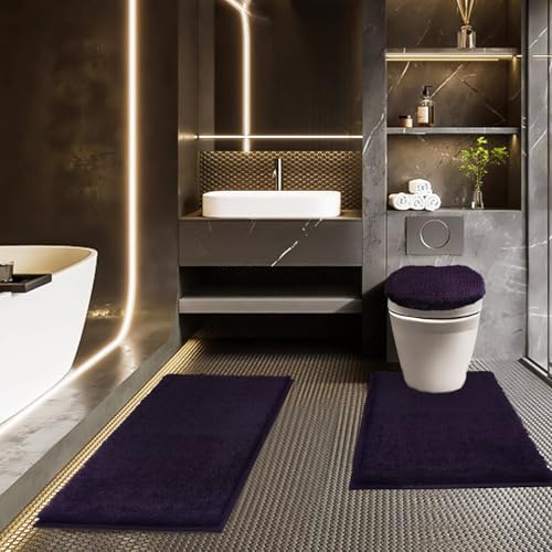 Bathroom Rugs Sets 3 Piece with Toilet Seat Cover 17.5"x 15" | Machine Washable Bath Rug Set with Tpr Non Slip Rubber Backing Solid Bath Mat Set for Luxury Bathroom Decoration - color: Dark Purple, size: 17.5" x 15"+ 32" x 20"+ U 24" x 20"