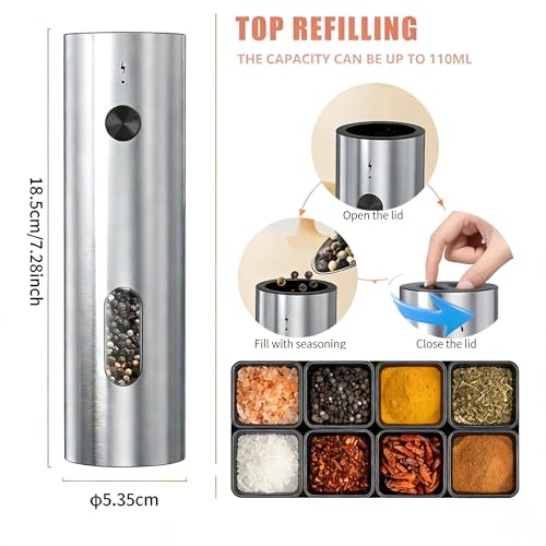 Electric Salt and Pepper Grinder Set, Rechargeable Stainless Steel with USB-C Dual Charging Base, Upgraded Large Capacity, Adjustable Coarseness & Bright LED Light, Kitchen Essentials