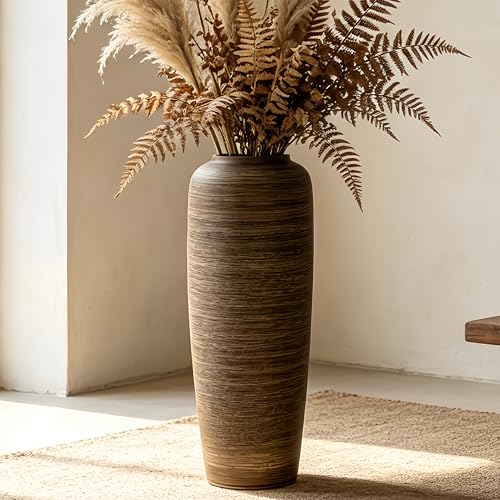Brown Rustic Ceramic Floor Vase, 19.7 Inch, Ribbed Texture | Living Room, Entryway, Fireplace, Pampas Grass, Dried Branches - size: 19.7 Inch