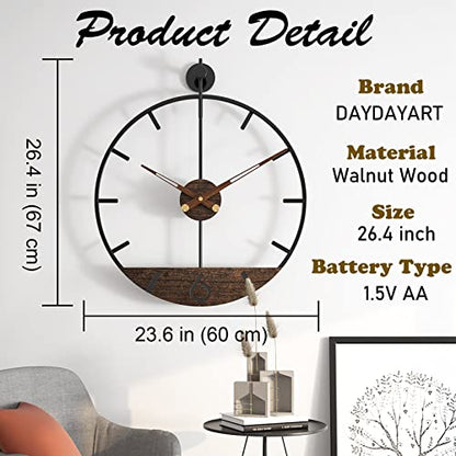 Modern Wood Walnut Dial Wall Clock, Large Simple Wall Decor Metal Frame Silent Non Ticking Clock for Living Room Decor, Kitchen, Bedroom, Study Decoration, Handmade Home Gift Idea, 26.4 in - size: 3.X-Large 26.4In(67cm)