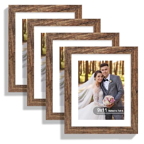 Hongkee 9x11 Picture Frame Set of 4, Made of Real Glass and Rustic Brown Frame - Display Picture 7x9 with Mat or 9x11 Without Mat, 9 by 11 Photo for Wall or Tabletop - color: Rustic Brown, size: 9x11 in