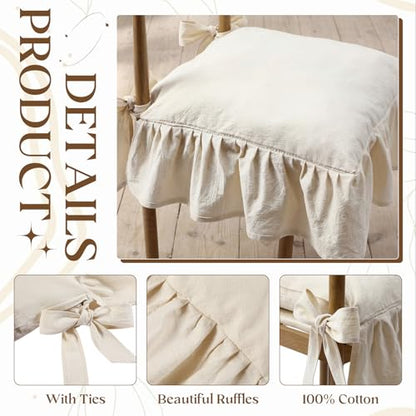 4 Pcs Ruffle Chair Cushions Cover 17.5''x17.5'' French Chair Pad Slipcover with Ties Ruffled Skirt Seat Cover Farmhouse Covers Only, for Home Dining Kitchen (Classic,Retro Cream White) - color: Retro Cream White, size: No Padding