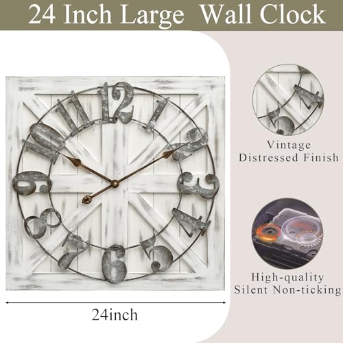 24 Inch Large Farmhouse Wall Clock, Rustic White Distressed Wood Frame with X-Brace Barn Door Backing, Silent Non-Ticking Quartz Movement,for Living Room, Fireplace, Entryway, or Dining Room - color: White
