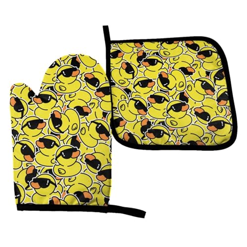 Perinsto Funny Rubber Ducks with Sunglasses Oven Mitts & Pot Holders Kitchen Set Heat Resistant Decorative Cooking Gloves Microwave Oven Gloves for Baking Grilling BBQ - color: Rubber Ducks #01, size: Set of 2