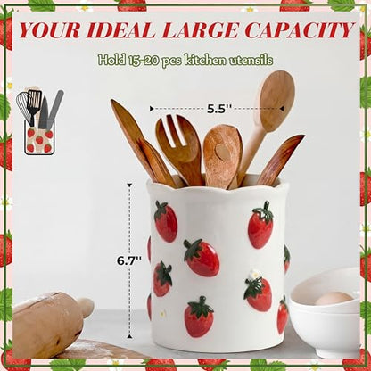 LemonRoad Strawberry Utensil Holder for Kitchen Counter,Ceramic Cooking Utensil Crock Modern Farmhouse Countertop Organizer for Spatula Ladle Kitchen Counter Decor - style: Strawberry