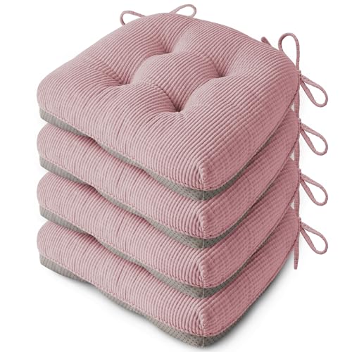 Anti Slip Kitchen Chair Cushions Set of 4 18"X16.5"X3" Light Pink | Elegant Breathable Textured Fabric, with Ties, Tufted, Thick Polyester Filling, for Dining Chairs, Folding Chairs, Office - color: Light Pink