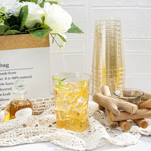 I00000 50 Pack 12 oz Gold Glitter Cups, Premium Clear Disposable Gold Cups | Gold Plastic Wine Glasses, Cocktail Glasses, Heavy Duty, Elegant Glitter Plastic Tumblers for Birthday, Wedding & Party - color: Glitter-12oz-50