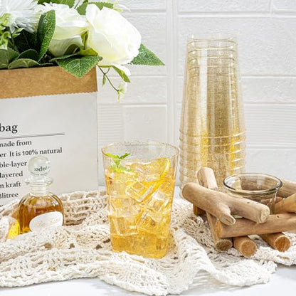 I00000 50 Pack 12 oz Gold Glitter Cups, Premium Clear Disposable Gold Cups | Gold Plastic Wine Glasses, Cocktail Glasses, Heavy Duty, Elegant Glitter Plastic Tumblers for Birthday, Wedding & Party - color: Glitter-12oz-50