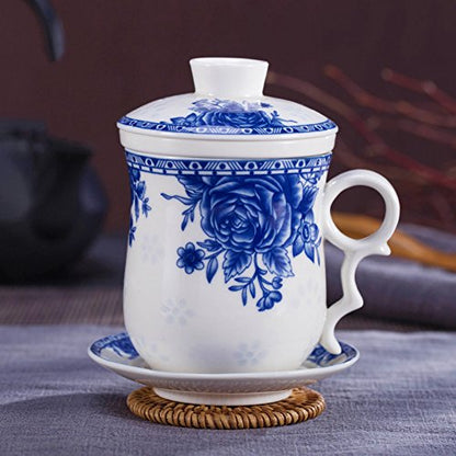Porcelain Tea Cup with Infuser Lid and Saucer Sets - Chinese Jingdezhen Ceramics Coffee Mug Teacup Loose Leaf Tea Brewing System for Home Office - color: Exquisite Rose Blue and White