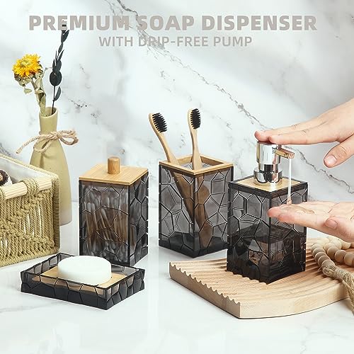 GAHEFY Black Grey Bathroom Accessories Set, Toothbrush Holder, Soap Dispenser, Cotton Swabs Holder, Soap Dish, Toilet Brush with Holder, Black Bamboo Bathroom Decor,Acrylic - style: Black grey