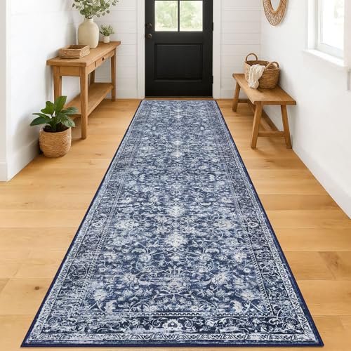 KILOCOCO Runner for Hallway 3x12 ft Washable Runner Non-Slip Rug, Blue | Printed Hallway Runners Rug, Non Skid Kitchen Runner Rug, Low Pile Runner for Bedroom Living Room, Soft Floral Hall Runners - color: Blue/Navy/White, size: 3' x 12' (Runner)