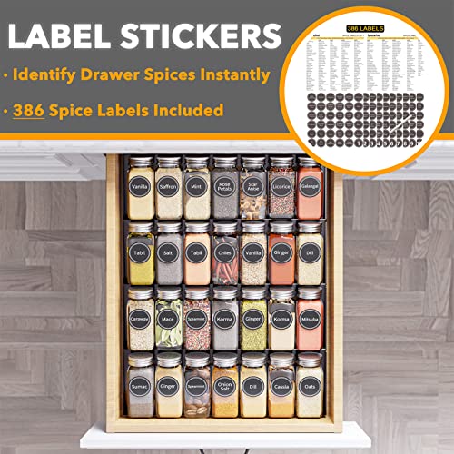 SpaceAid Spice Drawer Organizer with 28 Spice Jars, 386 Spice Labels, 4 Tier Seasoning Rack Tray Insert for Kitchen Drawers, 13" Wide x 17.5" Deep - size: 28 Jars, 13" Wide