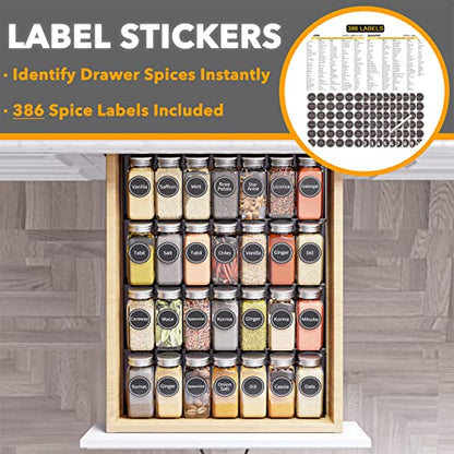 SpaceAid Spice Drawer Organizer with 28 Spice Jars, 386 Spice Labels, 4 Tier Seasoning Rack Tray Insert for Kitchen Drawers, 13" Wide x 17.5" Deep - size: 28 Jars, 13" Wide