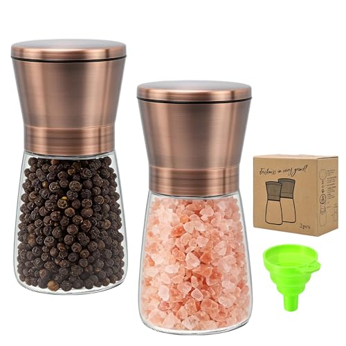 R DRURLCD Short Copper Salt and Pepper Grinder Set of 2, Manual Adjustable Coarseness with Ceramic Blades - Stainless Steel Refillable Mills, Bonus Silicone Funnel - color: Copper, size: 2PK