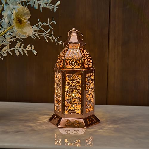 9.5 Inch Moroccan Style Temple Hollow Iron Lantern, Vintage Ramadan Lamp Home Decoration Lights Ornaments,Hanging Metal Candle Holders Battery Operated for Table Indoor Decor（ Rose Gold） - size: S-9.5 Inch