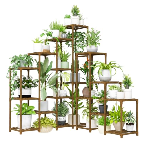 Bamworld Plant Shelf Indoor Large Plant Shelf Tall Flower Stands 16 Pots Outdoor Plant Rack for Garden Balcony Patio Window Living Room Corner Wood
