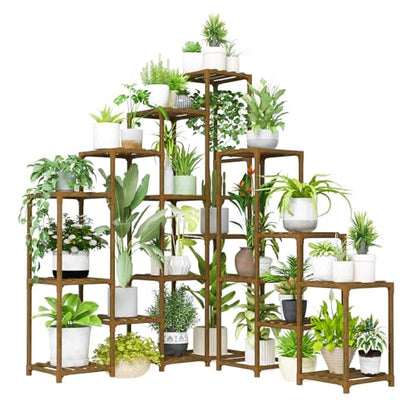 Bamworld Plant Shelf Indoor Large Plant Shelf Tall Flower Stands 16 Pots Outdoor Plant Rack for Garden Balcony Patio Window Living Room Corner Wood