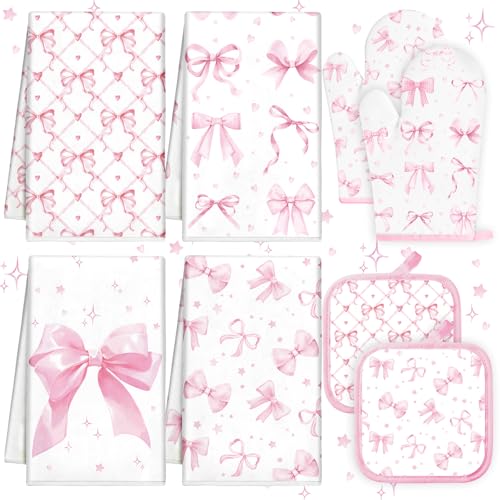 Teenyyou 8 Pcs Pink Bows Kitchen Towels Pot Holders and Oven Mitt Set Coquette Kitchen Accessories 4 Dish Towels 2 Absorbent Square Potholders 2 Heat Resistant Glove for Cooking Baking Home Gifting - style: Bow