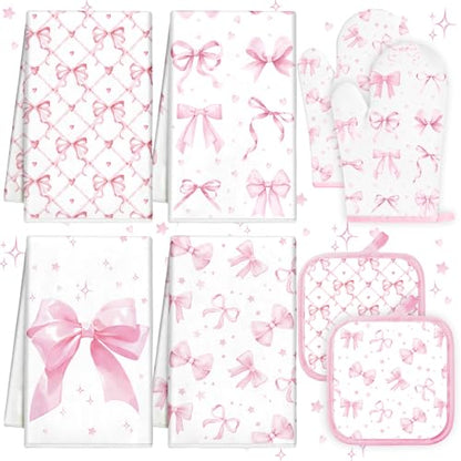 Teenyyou 8 Pcs Pink Bows Kitchen Towels Pot Holders and Oven Mitt Set Coquette Kitchen Accessories 4 Dish Towels 2 Absorbent Square Potholders 2 Heat Resistant Glove for Cooking Baking Home Gifting - style: Bow