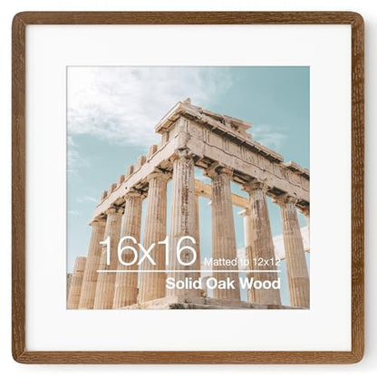 16x16 Solid Oak Wood Square Frame | Matted for 12x12 Picture | Tempered Glass and Hanging Hardware Included | Walnut (1 Pack) - color: Walnut, size: 16''x16''-1P