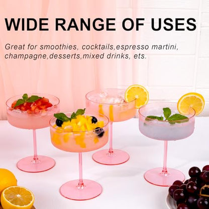 Ciaell 12 Pack 10 oz Pink Plastic Martini Glasses for Bar | Heavy Duty Plastic, Stemmed Coupe Shape, Cocktail Margarita Whiskey and Wine Service, Weddings and Parties - color: Basic Pink