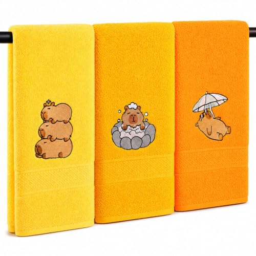 2 Pcs Capybara Hand Towels 100% Cotton Bathroom Towel | Cute Capybara Embroidery, Ultra Soft and Absorbent, Great for Bathroom Decor and Daily Household Use, Sized 13x29in - color: Yellow Stacked Capybara