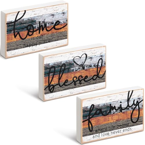 Jetec 3 Pcs Family Home Blessed Rustic Wood Sign Mini Heart Wood Decorative Sign Farmhouse Wood Decor Table Decorations Sign for Bedroom Kitchen Living Room Table Decor - color: Multicolor, size: 4.25 x 2.76 x 0.59 in