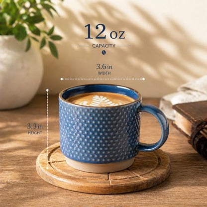 GBhome 12 OZ Stackable Coffee Mugs, Ceramic Coffee Mugs with Texture Patterns for Man,Woman,Dad,Mom, Modern Coffee Cups Set of 4 for Latte/Cappuccino/Cocoa. Dishwasher&Microwave Safe | 4 Assorted Designs, Embossed Mugs with Texture Patterns for Tea/Coffee