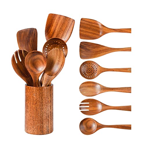 Kitchen Utensils Set, NAYAHOSE Wooden spoons for Cooking Non-stick Pan Kitchen Tool Wooden Cooking Spoons and Wooden utensil storage wooden barrel - size: 7Pcs Set